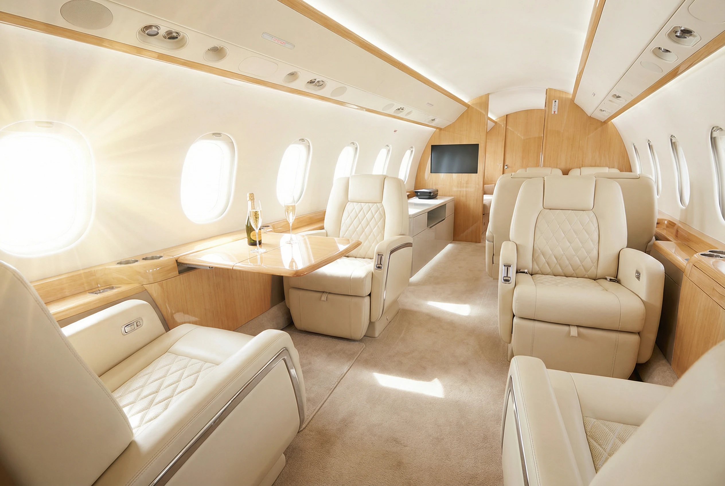 Luxurious private jet cabin interior with panoramic windows